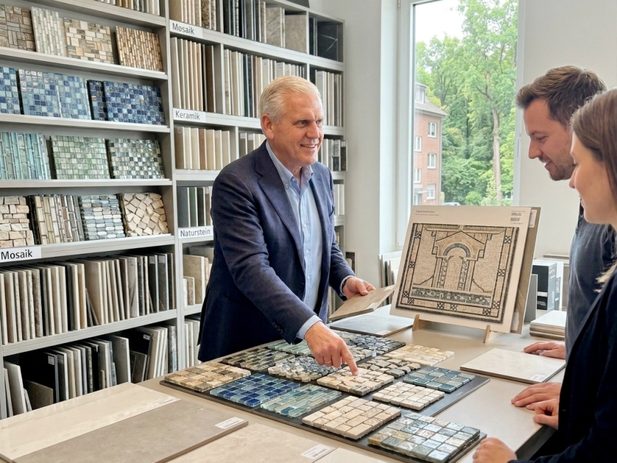 Kreative Ideenfindung an der großen Musterwand mit aktuellen Fliesentrends und Materialien.Willems Moenchengladbach